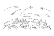 Hand-drawn sketch. lanes fly over the cities above the ground air flights airline banner. Hand drawn black line