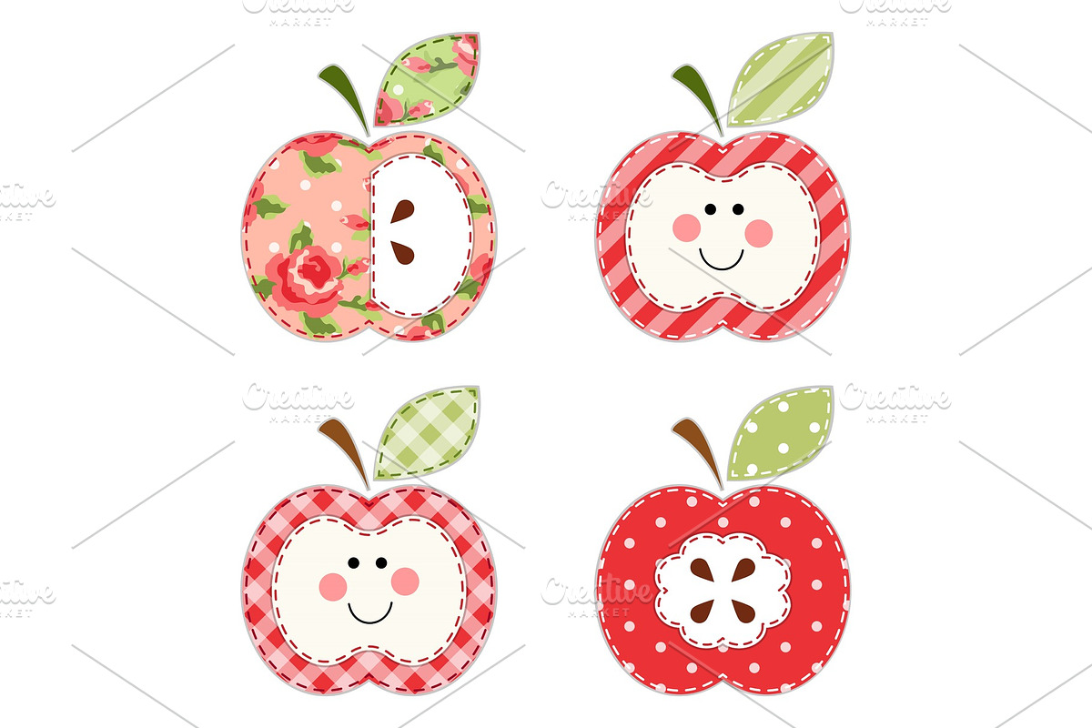 Cute apples with seeds or as a character as retro fabric applique in Textures - product preview 8