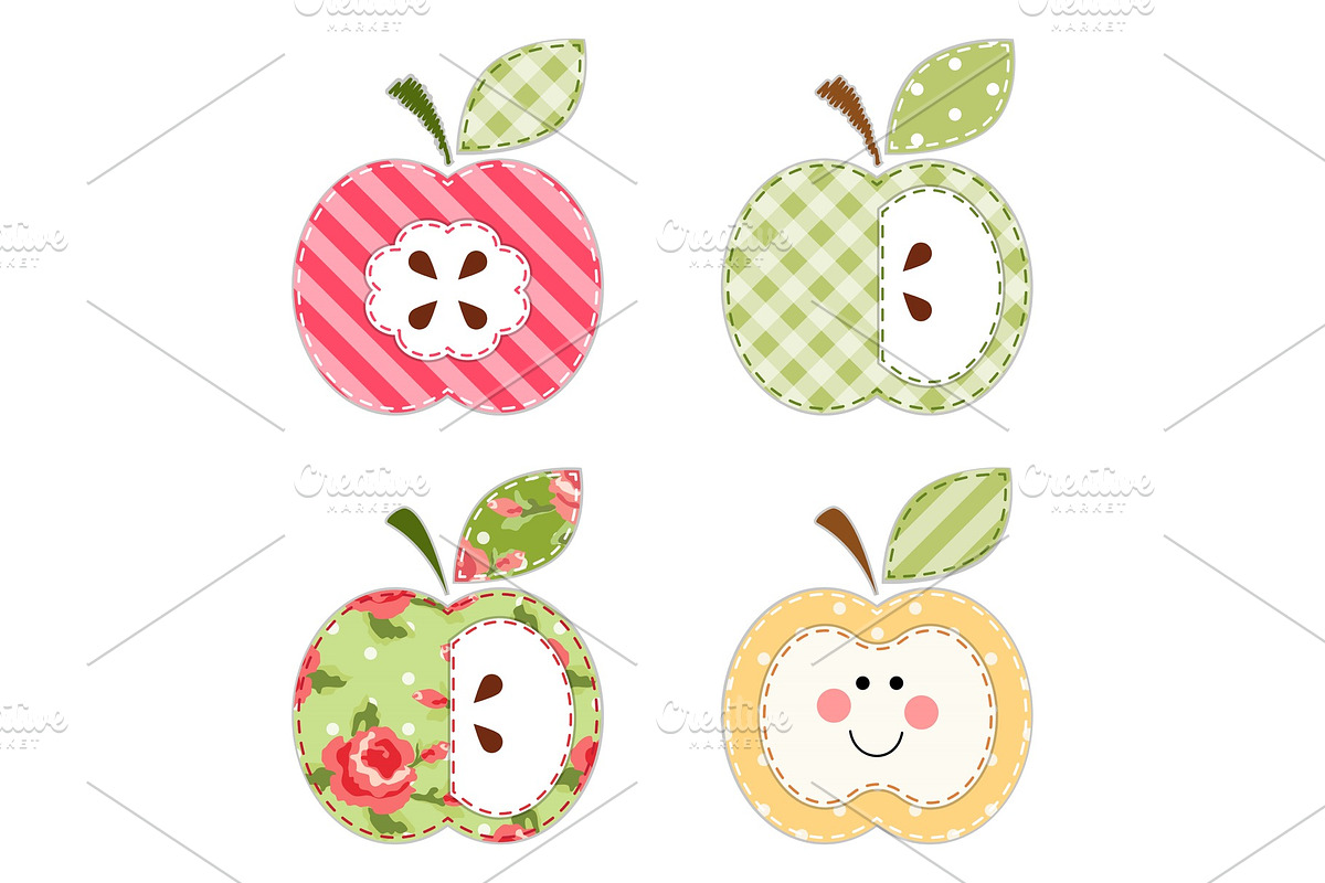 Cute apples with seeds or as a character as retro fabric applique in Textures - product preview 8