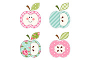 Cute apples with seeds or as a character as retro fabric applique