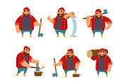 Lumberjack in different action poses. Vector funny character