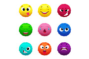 Funny furry faces of monsters. Puffy balls of different colors