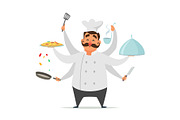 Multitasking chef cooking. Vector funny character isolate on white