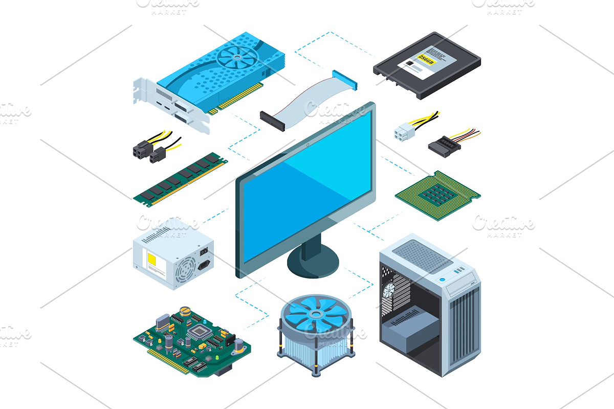 Isometric illustrations of computer hardware. Vector pictures set in Graphics - product preview 8