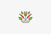 Linear healthy food vector logo design. Fork knife plate leaf logotype.