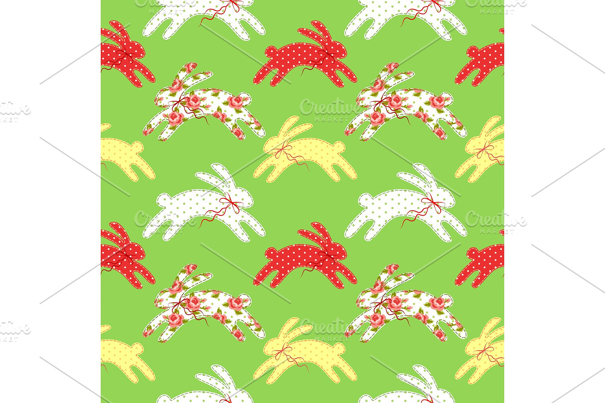 Cute vintage Easter seamless pattern with bunnies as retro fabric patch applique in shabby chic style in Textures - product preview 8
