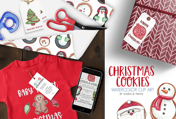 Watercolor ClipArt, Christmas Cookie in Illustrations - product preview 1