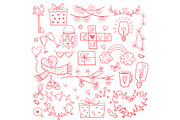Happy valentines day and weeding design elements. Vector illustration. Pink Background With Ornaments, Hearts. Doodles and curls. Be my Valentine.