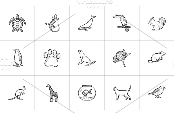 Animals hand drawn sketch icon set.
