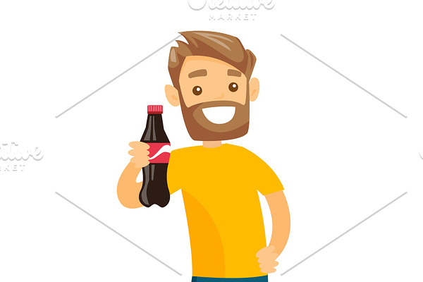 Young caucasian white man holding bottle of soda.