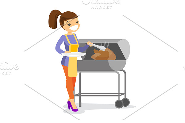 Caucasian woman cooking chicken on the barbecue.