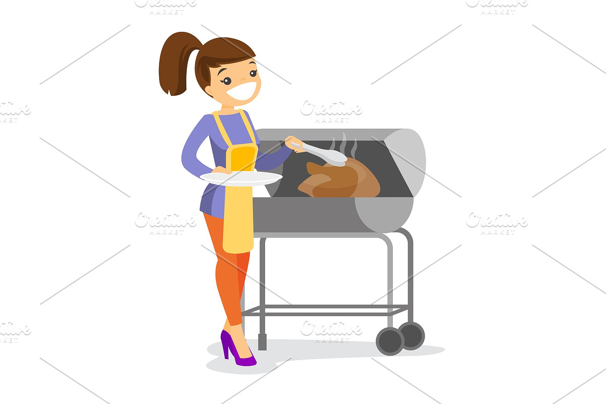 Caucasian woman cooking chicken on the barbecue. in Illustrations - product preview 8