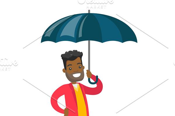 African insurance agent standing under umbrella.