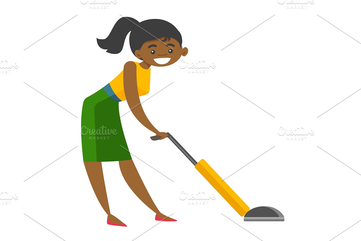 Young african woman cleaning with vacuum cleaner. in Illustrations - product preview 8