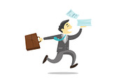 Businessman running with briefcase and documents.