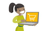 Woman holding using computer for shopping online.
