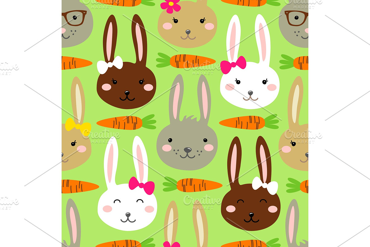 Cute Easter seamless pattern design with funny cartoon characters of bunnies in Objects - product preview 8