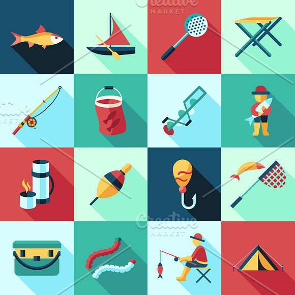 Vector bundle 16 fishing icons set in Objects - product preview 1