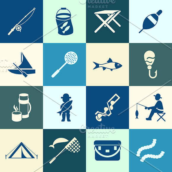 Vector bundle 16 fishing icons set in Objects - product preview 3