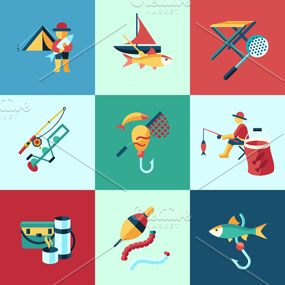 Vector bundle 16 fishing icons set in Objects - product preview 4