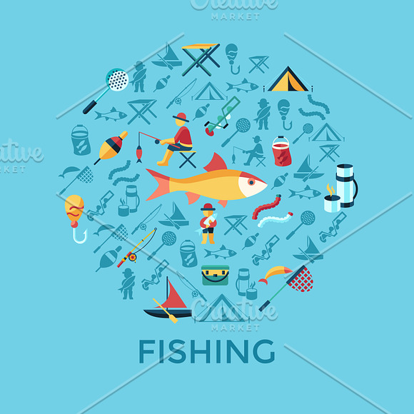 Vector bundle 16 fishing icons set in Objects - product preview 9