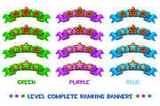 Vector Level complete ranking banners with wood stars on colored ribbon