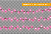 Decorations string garlands, pink lights in shape of heart isolated realistic design elements.