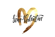 Spanish Feliz san Valentin. Golden heart, smear paint brush with bright sparkles.
