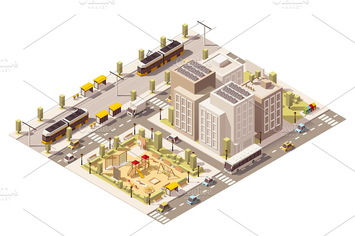 Vector isometric low poly commuter town infrastructure in Illustrations - product preview 8