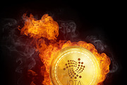 Golden IOTA coin falling in fire flame.