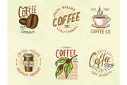Set of coffee logos. modern vintage elements for the shop menu. Vector illustration. design decoration collection for badges. calligraphy style for frames, labels. . engraved hand drawn in old sketch.