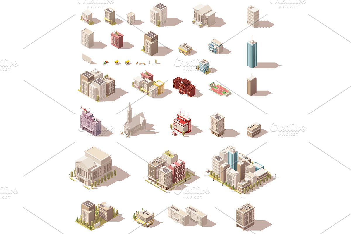 Vector isometric low poly buildings set in Illustrations - product preview 8
