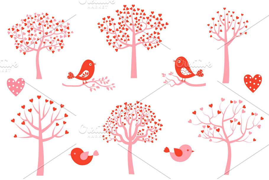 Cute love tree and birds clipart set