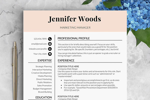 Feminine Resume Template / Woods