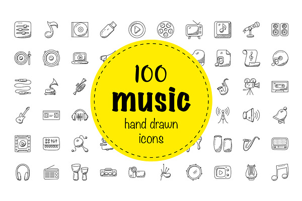 100 Music Hand Drawn Icons Set