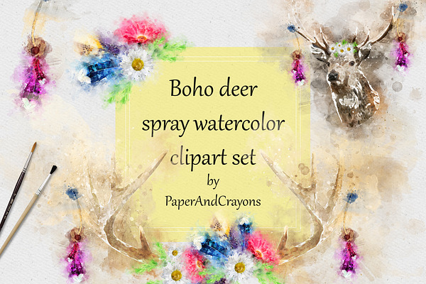 Boho Deer Watercolor Clipart Set