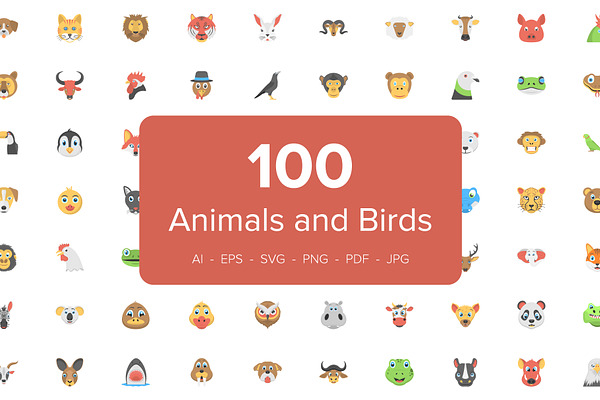 100 Flat Animals and Birds Icons