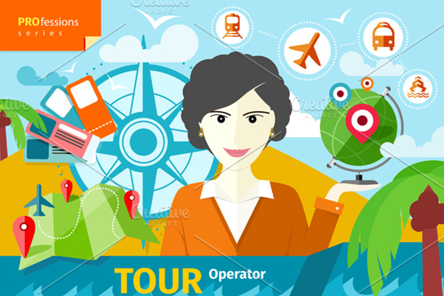 Female travel agent holding globe in Illustrations - product preview 8