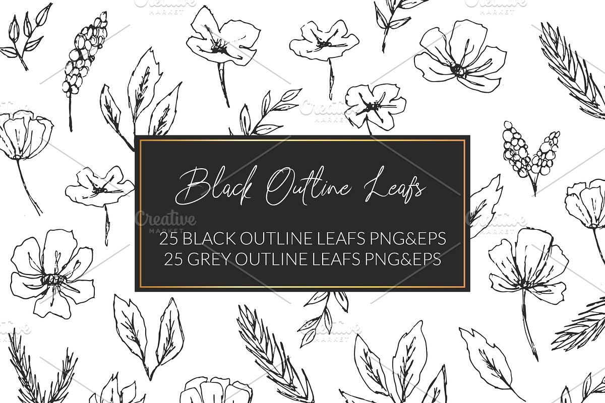 Black Outline Leafs and Flowers in Illustrations - product preview 8