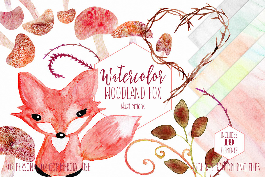 Cute Watercolor Woodland Fox Set
