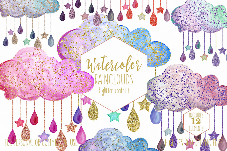 Cute Watercolor Rain Clouds & Drops in Illustrations - product preview 8