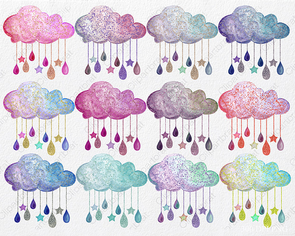 Cute Watercolor Rain Clouds & Drops in Illustrations - product preview 1
