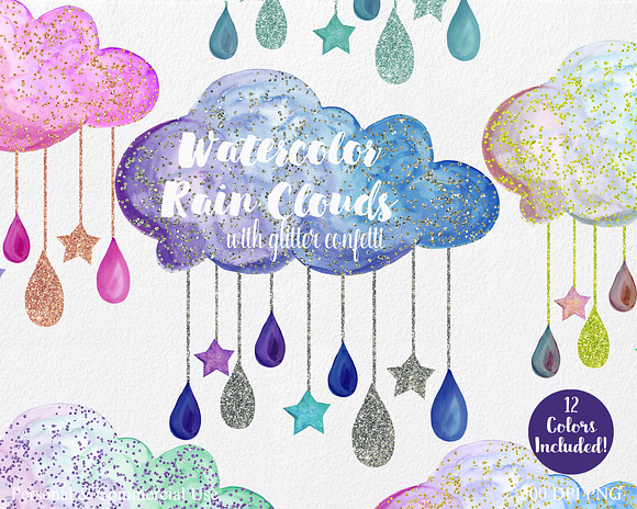 Cute Watercolor Rain Clouds & Drops in Illustrations - product preview 2