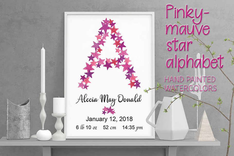 Alphabet in pinky-mauve stars in Illustrations - product preview 8