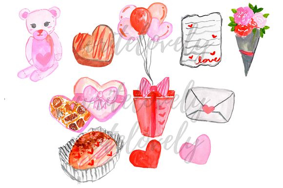 Valentines day watercolor clipart in Illustrations - product preview 1