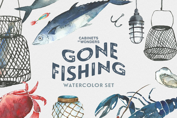 Gone Fishing Watercolor Clipart Set