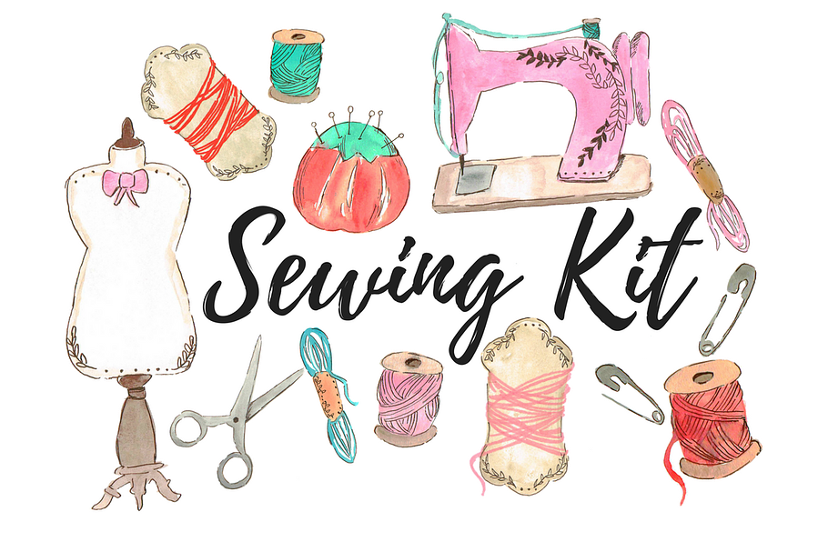 Watercolor fashion sewing clipart