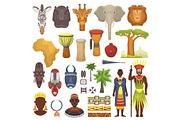 African culture vector characters in traditional clothing in Africa with ethnic tribal mask or drums in safari travel wildlife with animals in savanna set illustration isolated on white background