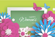 Pink Blue Happy Women s Mother s Day. 8 March. Floral Greeting Card. Paper cut Flowers, Butterfly. Origami flower. Rectangle frame. Text. Spring blossom holiday on green. Traditional paper decoration.