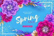 Bright Origami Spring Sale Flowers Banner. Paper cut Exotic Tropical Floral Greetings card. Spring blossom. Rectangle frame. Happy Women s Day. 8 March. Text. Seasonal holiday on blue. Trendy decor